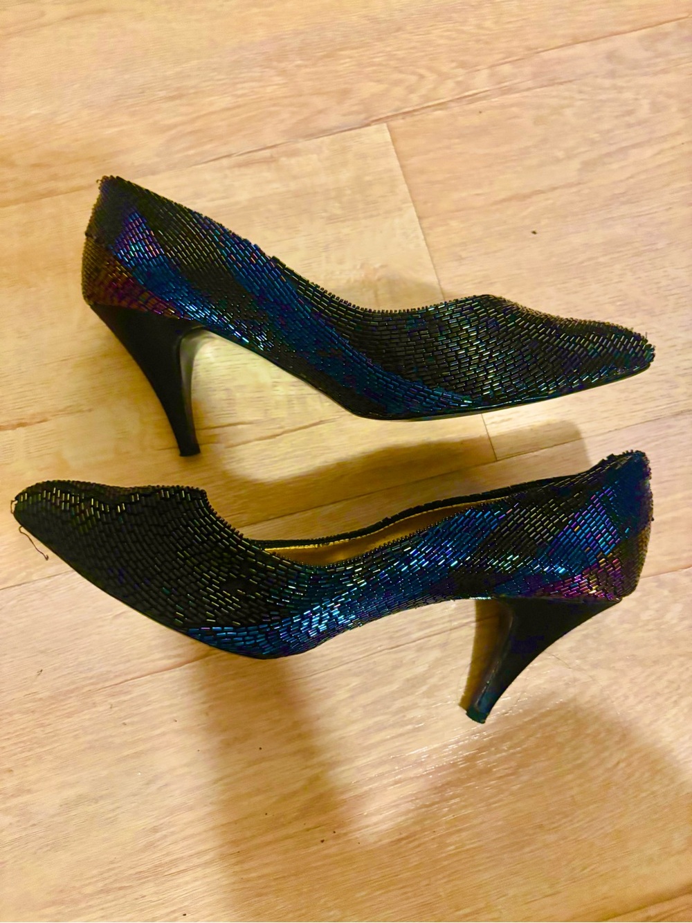 Elegant Women's Black multi color beaded Mid-Heel Pumps